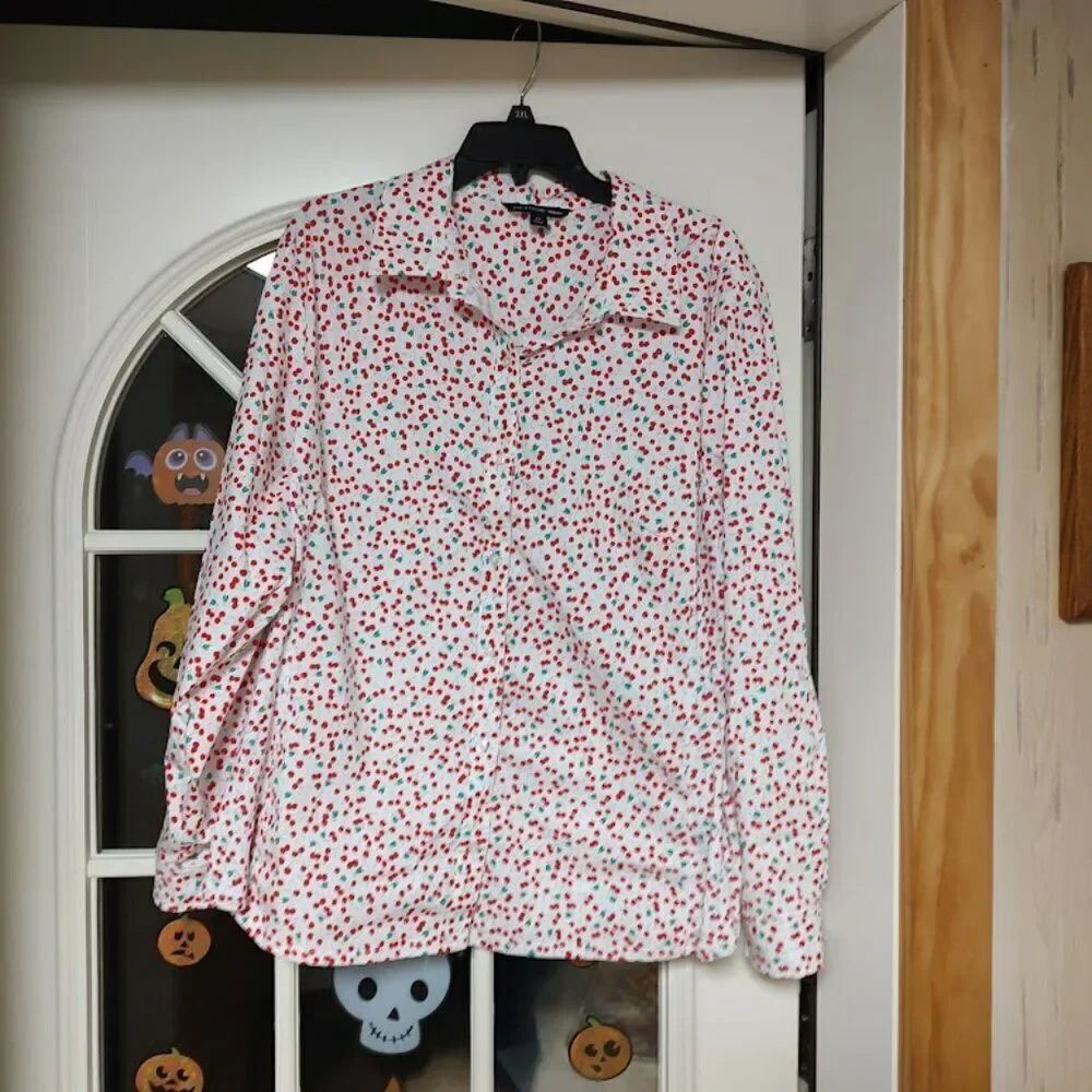 New Zac & Rachel White Cherries Long Sleeve Button Down Shirt Women's 2X